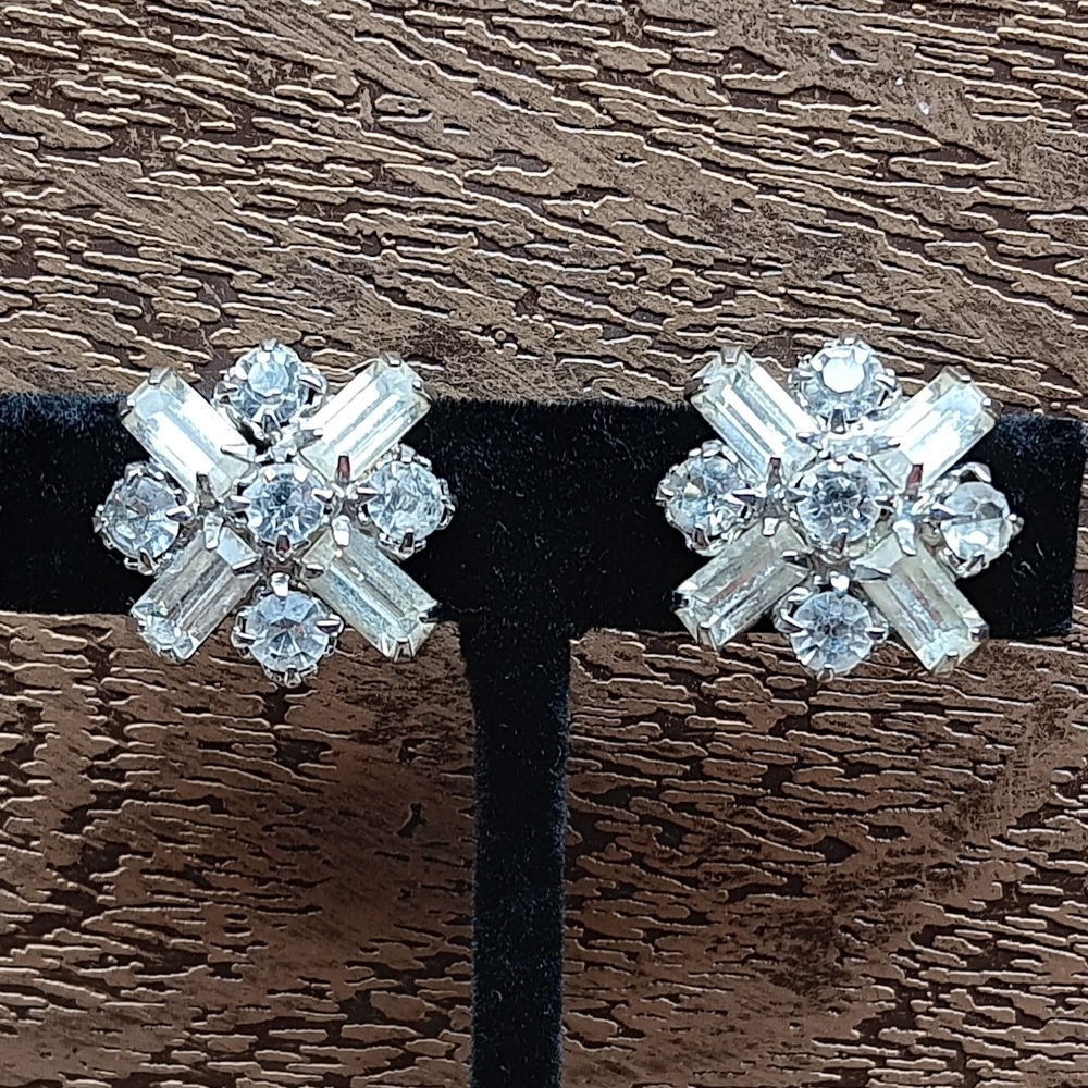 Albert Weiss 1950s Silver Crystal Cluster Earrings